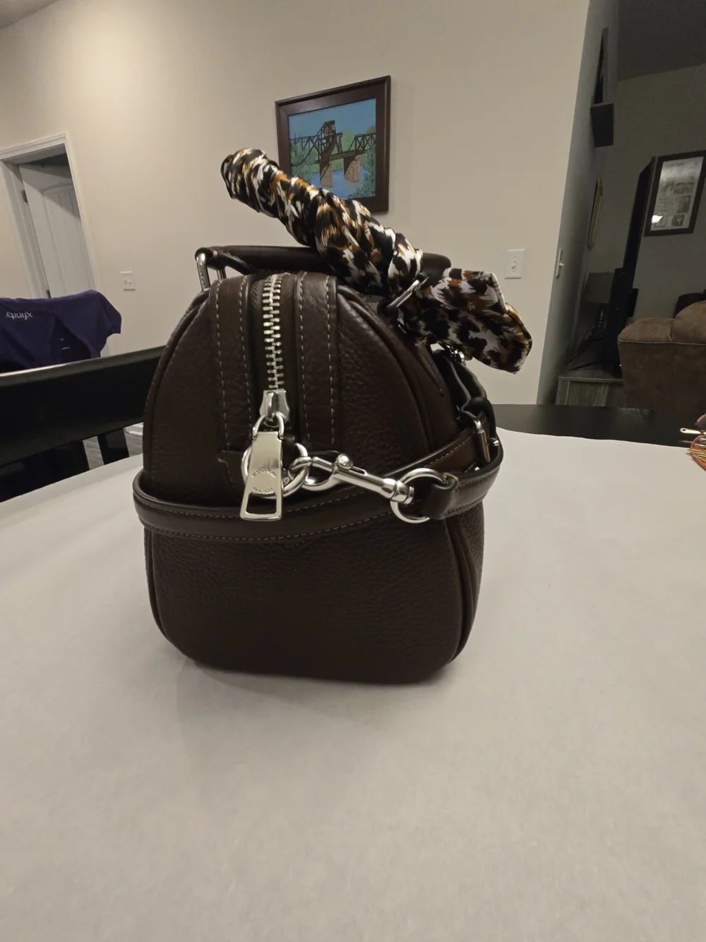 Coach Dark Brown Pebbled Leather Satchel with Scarf Accent